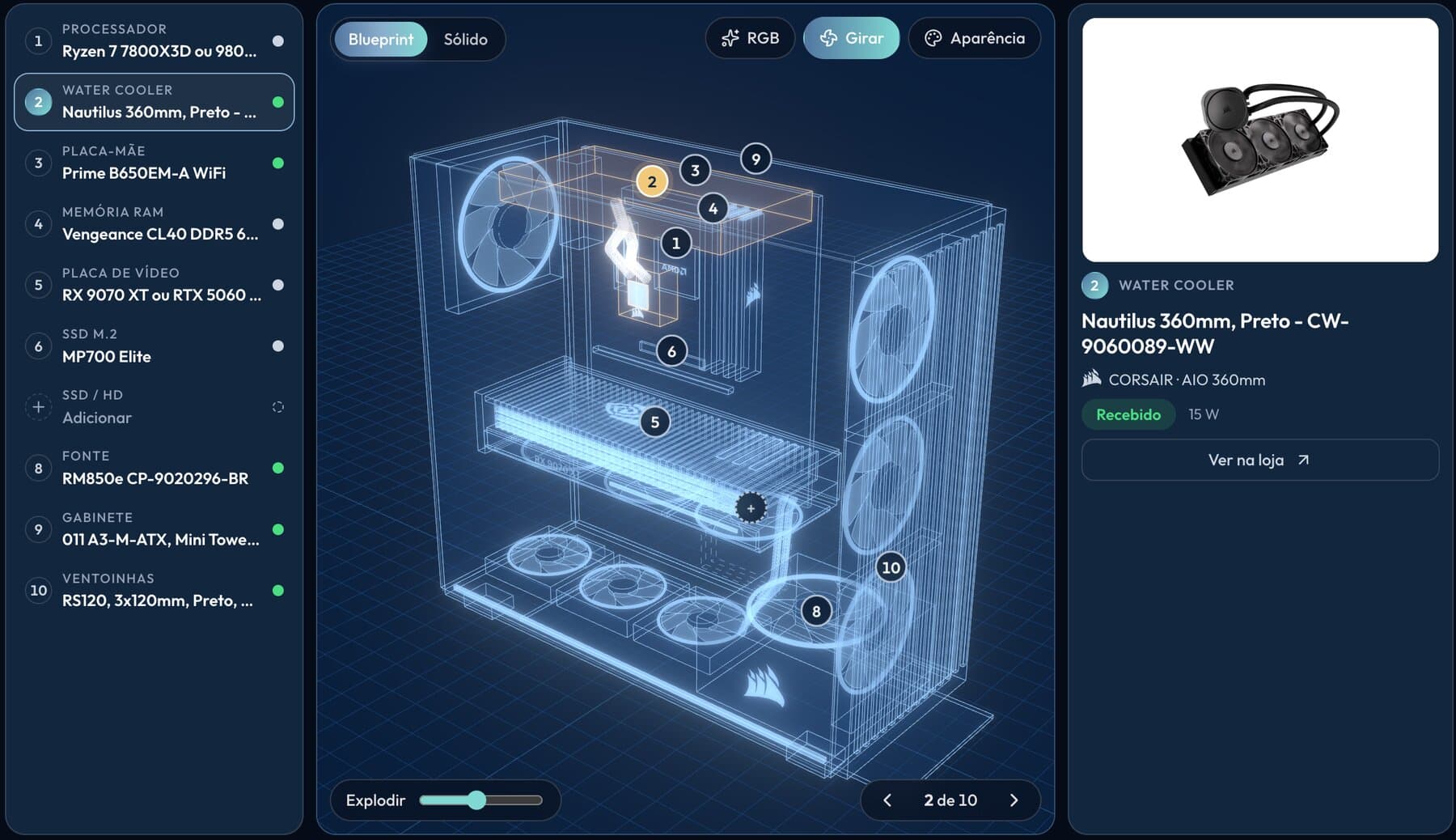 Raio-X 3D de um PC gamer no PC Builds, no estilo blueprint, com o water cooler selecionado