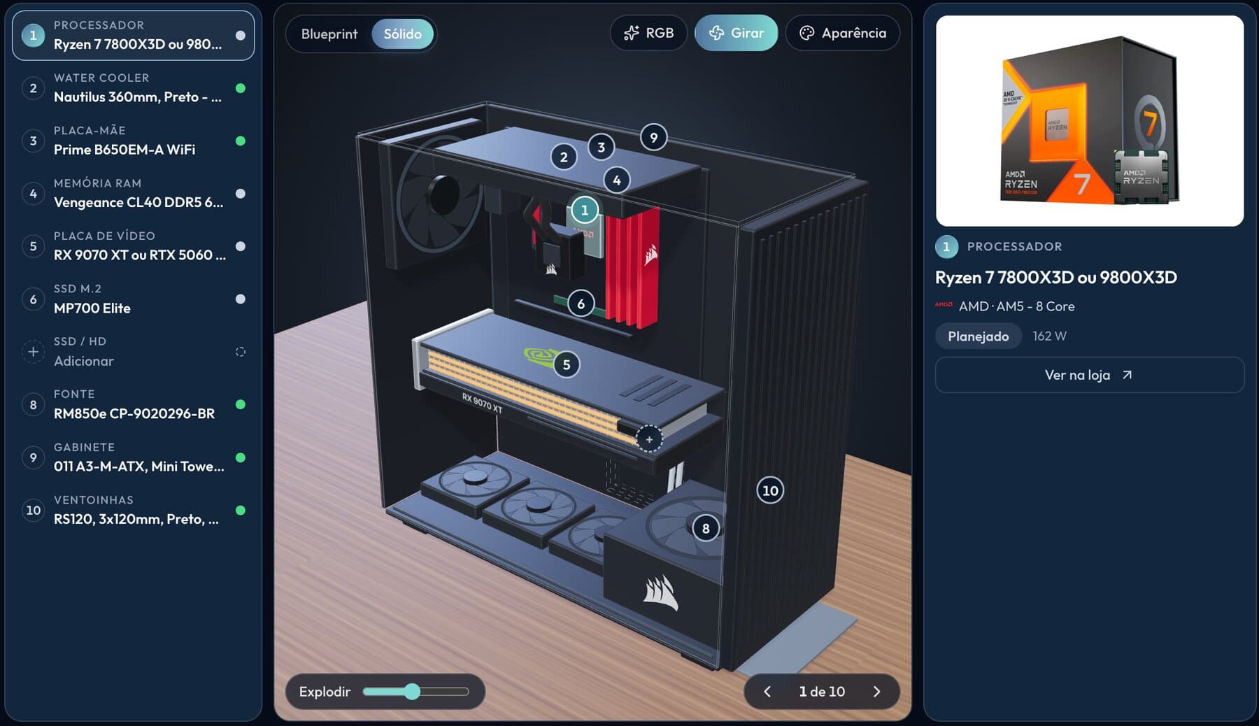Raio-X 3D de um PC gamer no PC Builds, com o processador selecionado